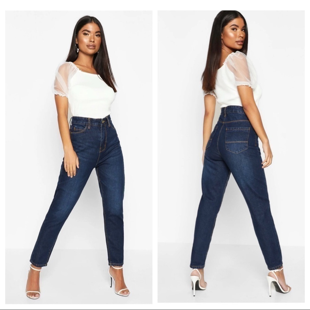 NEW Boohoo High Waisted Mom Jeans in Dark Blue